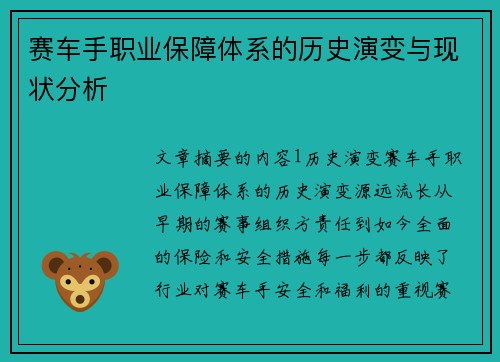 赛车手职业保障体系的历史演变与现状分析 赛车手职业保障体系的历史演变与现状分析